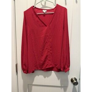 J Crew Top Womens L Hot Pink V Neck Tunic Balloon Sleeve Blouse Long Sleeve Boho